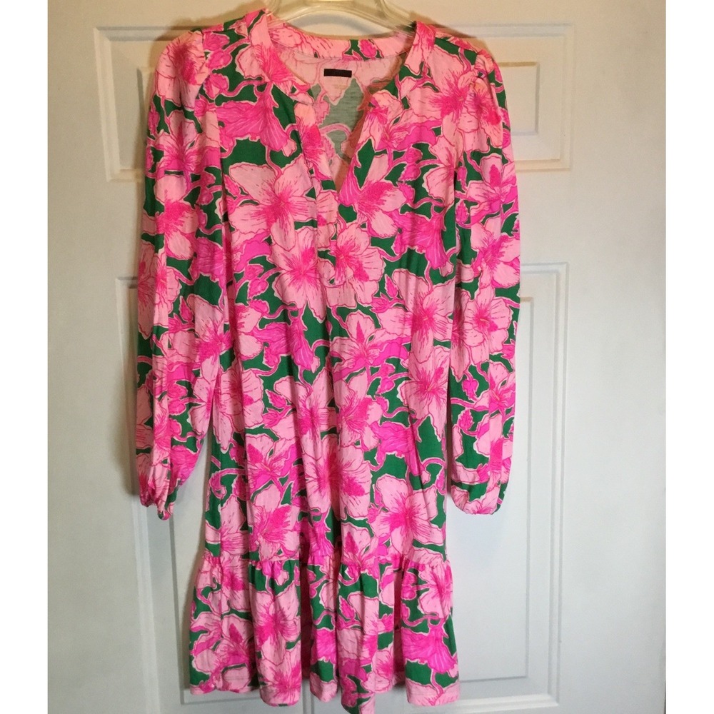 Lilly Pulitzer XS Alyssa Hibiss Kiss‎ Shift Long Sleeve Ruffled Pink Green